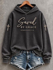 Women's Vintage Saved By Grace Cross Print Hoodie