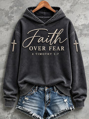 Women's Vintage Faith Over Fear Cross Print Cozy Hoodie