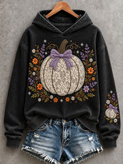 Women's Vintage Floral Lace Pumpkin Print Cozy Hoodie