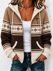 Women's Christian Art Cross Pattern Cozy Knit Hooded Cardigan