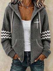 Women's Christian Art Cross Pattern Cozy Knit Hooded Cardigan