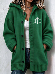 Women's Christian Art Cross Pattern Cozy Knit Hooded Cardigan