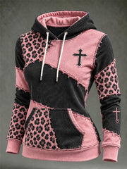 Women's Vintage Leopard Print Element Block Patchwork Design Print Casual Hoodie