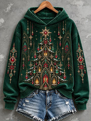 Women's Vintage Gothic Christmas Tree Print Cozy Hooded Sweatshirt