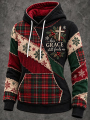 Women's His Grace Still Finds Me Christmas Plaid Patchwork Print Cozy Hoodie