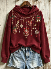 Women's Classy Glitter Music Notes Christmas Ornaments Print Hoodie