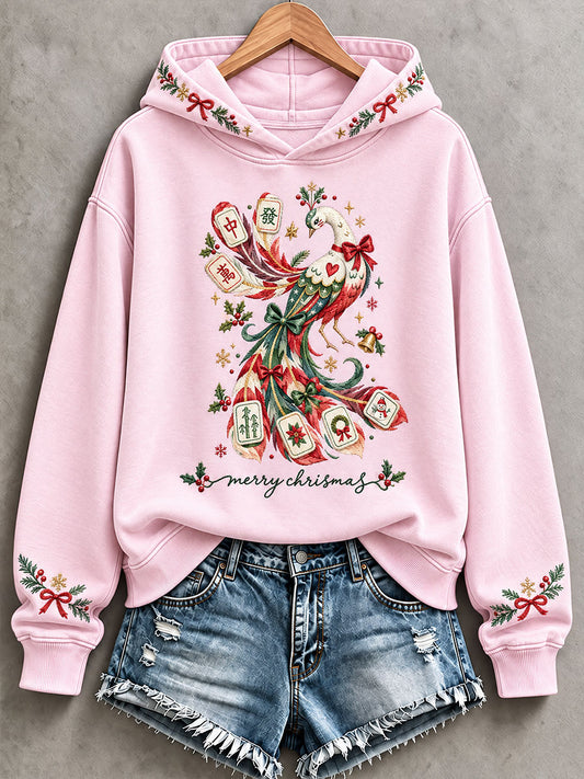 Women's Christmas Mahjong Print Casual Hoodie