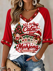 Women's Christmas Mahjong Print Casual T-Shirt