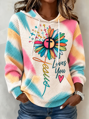 Women's Pastel Brushstroke Flower Jesus Loves You Printed Waffle Hoodie