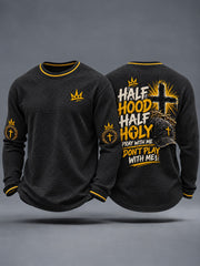Men's Half Hood Half Holy Print Waffle Long Sleeve T-Shirt
