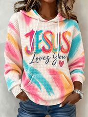 Women's Jesus Loves You Printed Waffle Hoodie