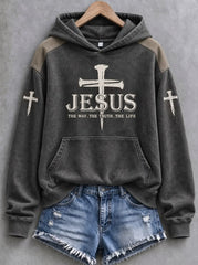 Women's Jesus The Way The Truth The Life Nail Cross Faith Print Casual Hoodie