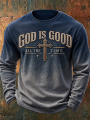 Men's Faith-Themed Gradient Design Cross Pattern Casual Long-Sleeve T-Shirt