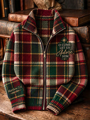 Men's Vintage Christmas Faith Plaid Print Zip-Up Knit Jacket