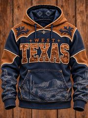 Men's Vintage Western Art Printed Oversized Drop-Shoulder Hoodie with Pockets