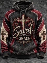 Men's Saved By Grace Slogan Cross Pattern Color-Blocking Design Casual Hoodie