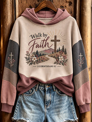Women's Walk By Faith Slogan Cross Pattern Color-Blocking Design Casual Hoodie