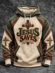 Men's Jesus Saves Slogan Cross Pattern Color-Blocking Design Casual Hoodie