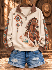 Women's Retro Western Horse Printed Zipper Hoodie