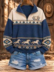 Women's Retro Western Horse Printed Zipper Hoodie