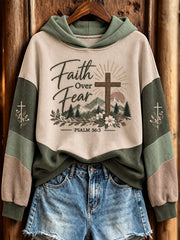 Women's Faith Over Fear Slogan Cross Pattern Color-Blocking Design Casual Hoodie