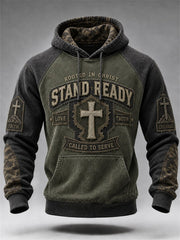 Men's Vintage Military Style Christian Cross Camoflage Print Raglan Hoodie