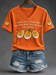 Women's Thanksgiving Turkey Print V-Neck Tee