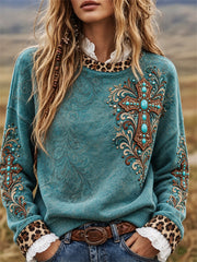 Women's Vintage Turquoise Christian Cross Western Leopard Print Sweatshirt