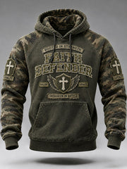 Men's Faith Defender Christian Cross Military Style Camoflage Print Raglan Hoodie