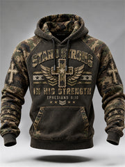 Men's Stand Strong In His Strength Christian Cross Military Style Camoflage Print Raglan Hoodie