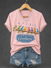 Women's I Will Sing Of The Goodness Of God Psalm 89:1 Christian Bird Print Casual V-Neck Tee