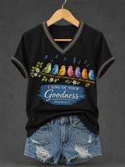 Women's I Will Sing Of The Goodness Of God Psalm 89:1 Christian Bird Print Casual V-Neck Tee