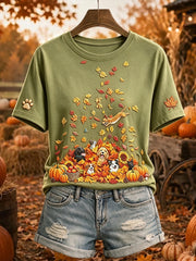 Women's Cute Dogs and Cats Fall Art Print Short-sleeved T-shirt