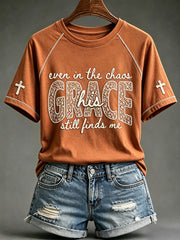 Women's His Grace Still Finds Me Christian Faith Floral Print Round Neck Short Sleeve T-shirt