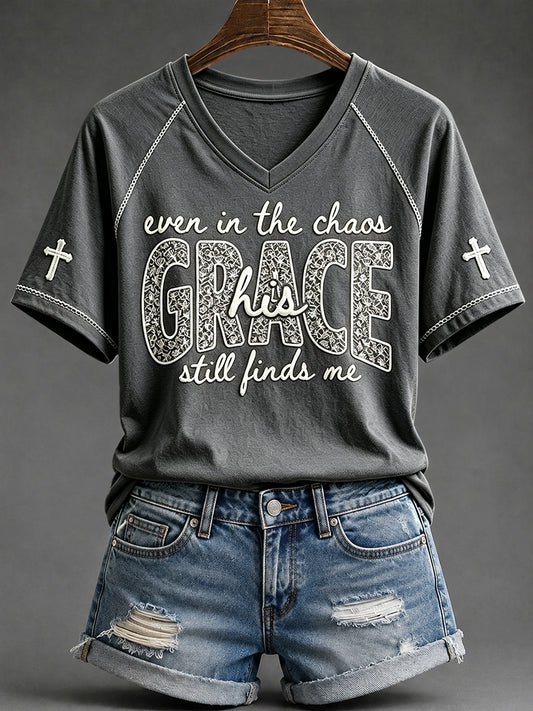 Women's His Grace Still Finds Me Christian Faith Floral Print V-neck Short-sleeved T-shirt