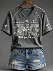 Women's His Grace Still Finds Me Christian Faith Floral Print V-neck Short-sleeved T-shirt