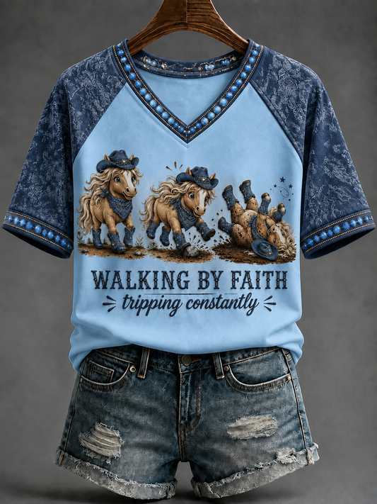 Women's Walking By Faith V-neck Off-shoulder Short-sleeved T-shirt