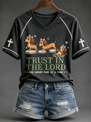 Women's Trust in the Lord Funny Christian Dachshund Print V-neck Short-sleeved T-shirt