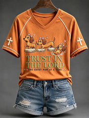 Women's Trust in the Lord Funny Christian Dachshund Print V-neck Short-sleeved T-shirt