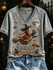 Women's Halloween Fall Yorkie Mom Witch & Dog Print short-sleeved T-shirt