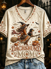 Women's Halloween Fall Dachshund Mom Witch & Dog Print short-sleeved T-shirt