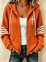 Women's Christian Art Cross Pattern Cozy Knit Hooded Cardigan