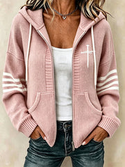 Women's Christian Art Cross Pattern Cozy Knit Hooded Cardigan