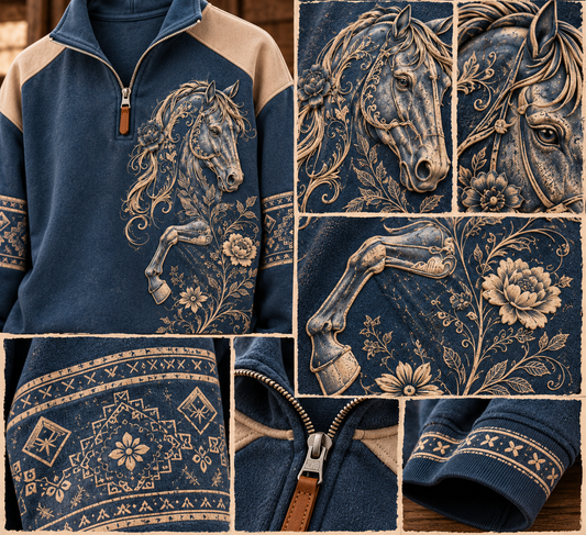 Women's Retro Western Horse Printed Zipper Hoodie