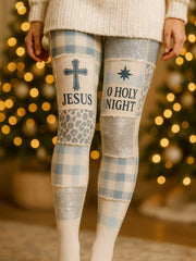 Women's Christmas Holy Night Cross Plaid Printed Leggings