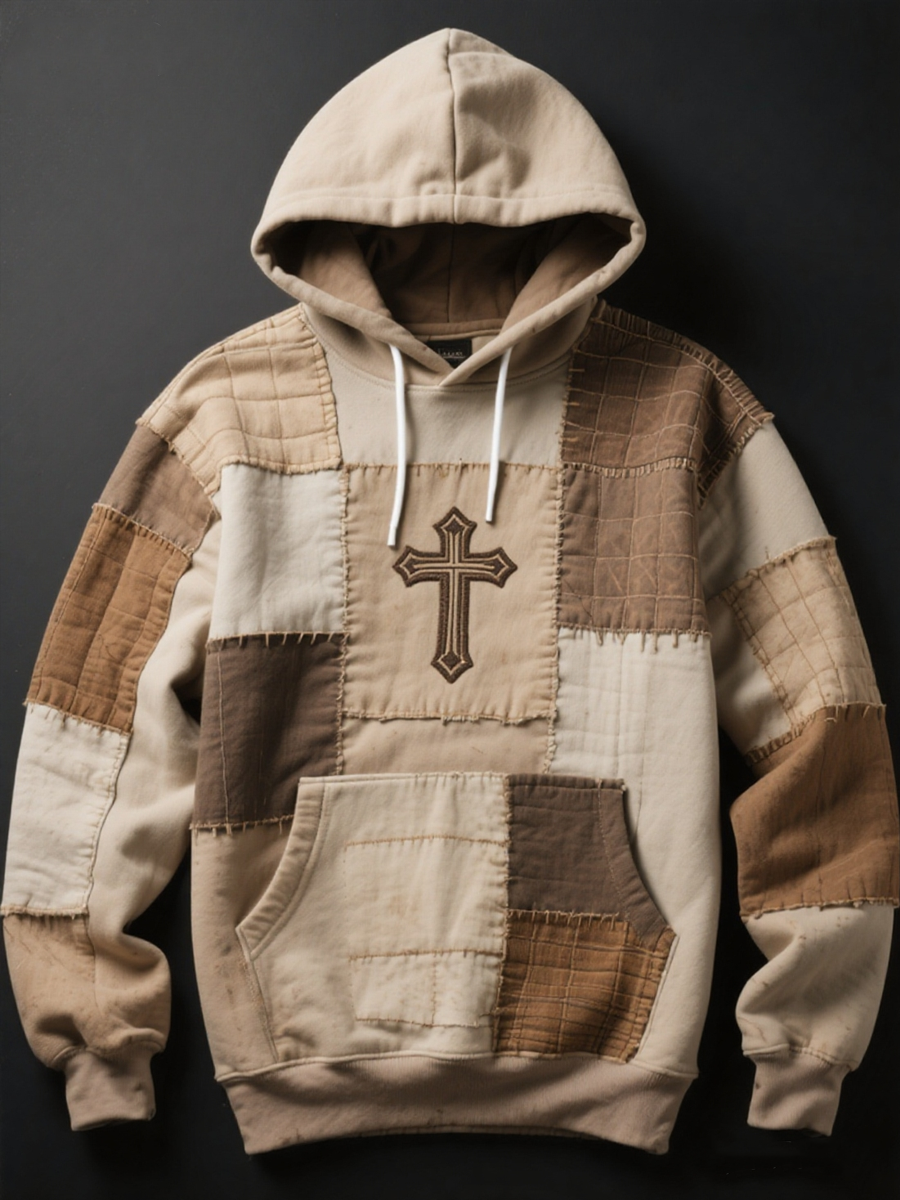 Men's Faith Patchwork Print Oversized Drop-Shoulder Hoodie with Pockets