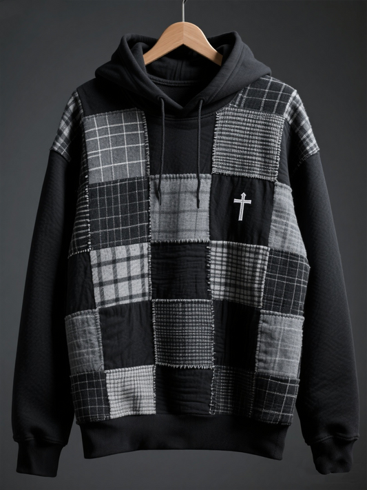 Men's Faith Patchwork Print Drop-Shoulder Hoodie (No Pockets)