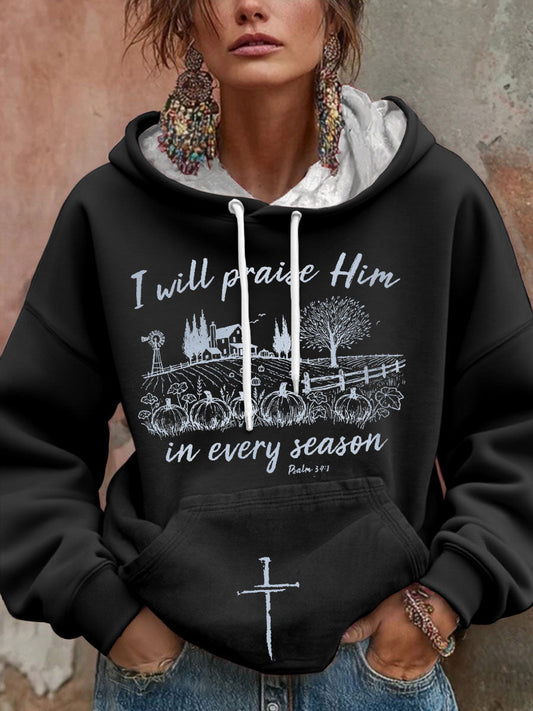 Women's Thanksgiving Autumn Pumpkin Faith Printed Hoodie