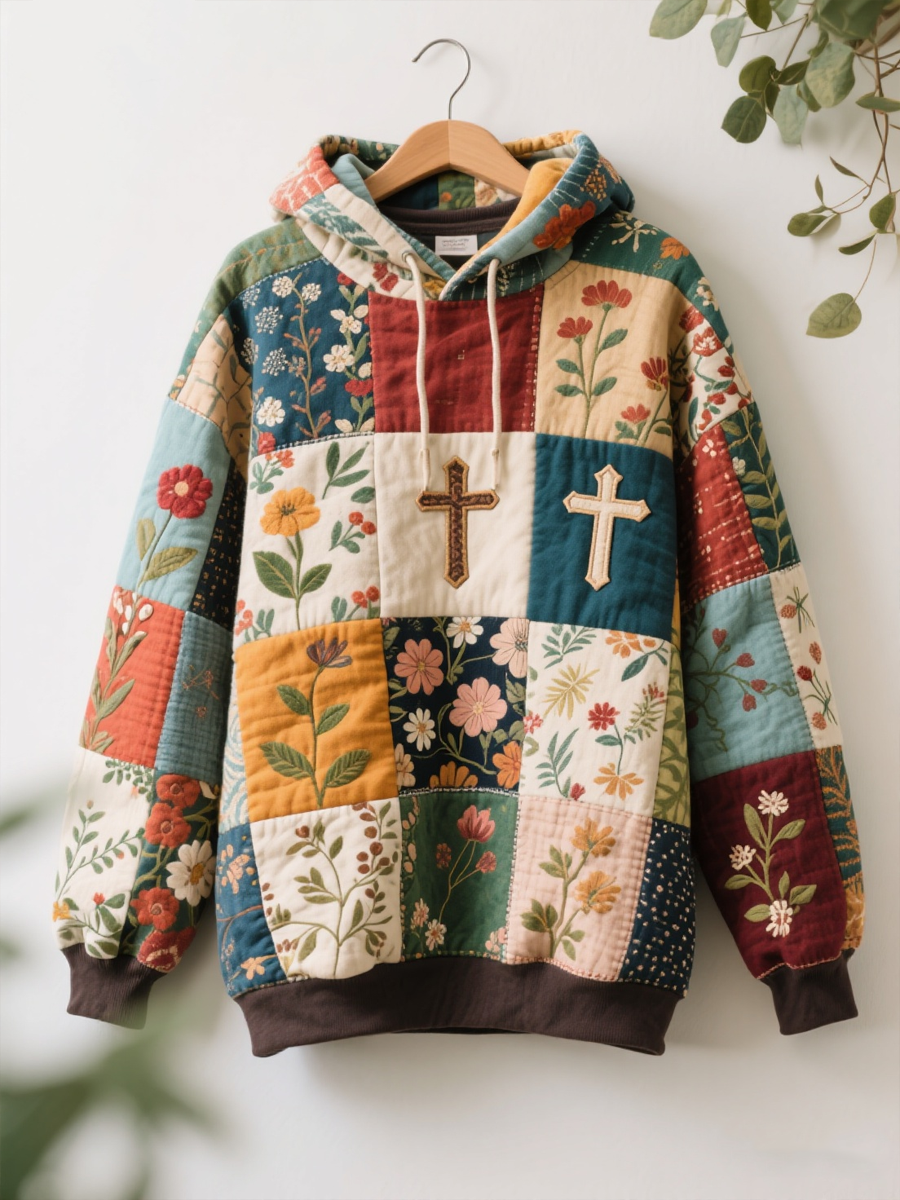 Women's Faith Patchwork Print Drawstring Hoodie
