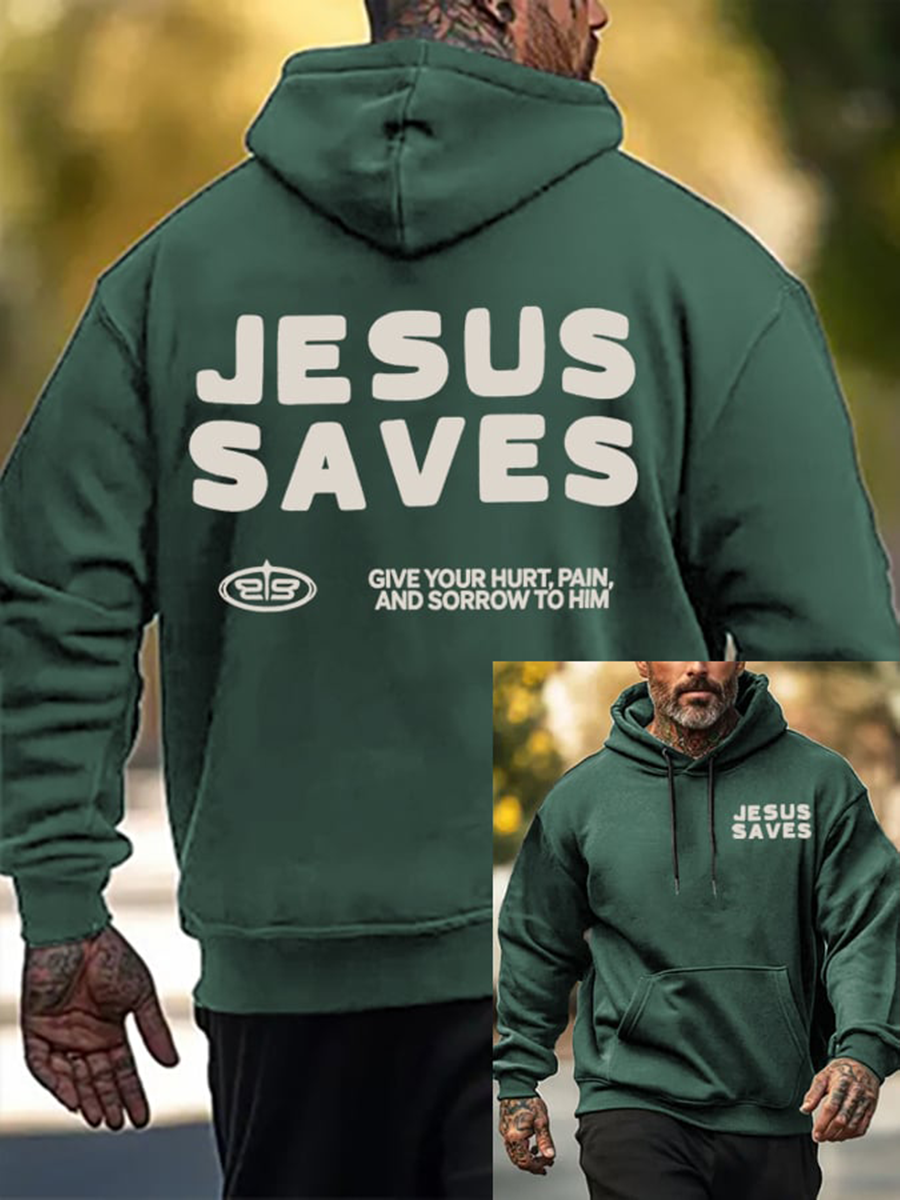 Men's Jesus Saves Faith Printed Oversized Drop-Shoulder Hoodie with Pockets